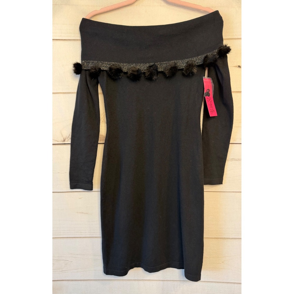 Lilly Pulitzer Dunham Sweater Dress Black Off Shoulder Faux Fur Pom Pom XS NEW